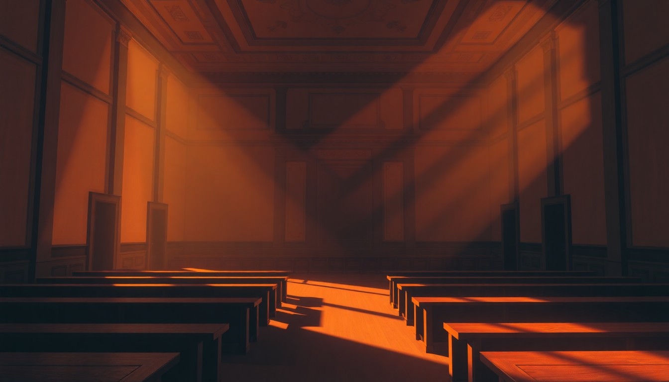 A dimly lit, cinematic painting of an empty city council chamber, with warm sunlight streaming through the windows and deep shadows across the empty seats and desks, conveying a sense of quiet contemplation and civic responsibility.