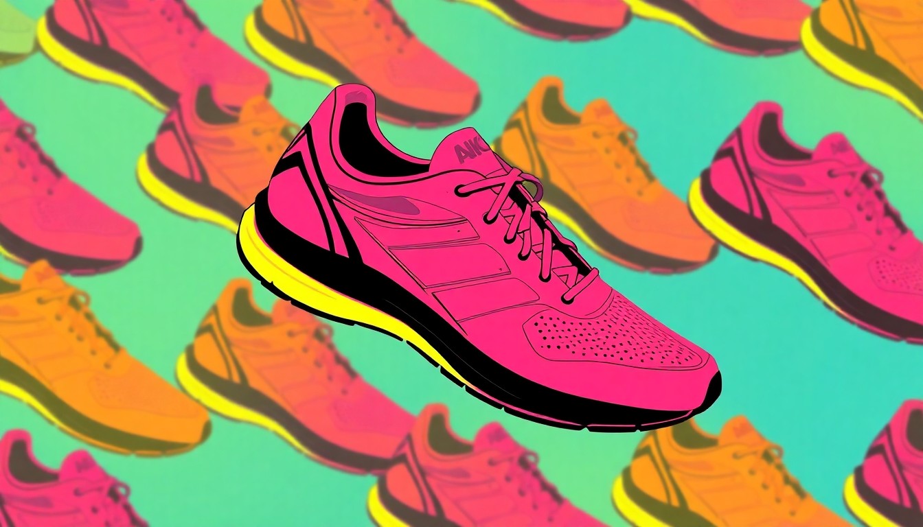 A highly stylized, abstract image composed of repeated neon-colored silkscreen prints of a senior athlete's running shoe, conceptually representing the competitive spirit and determination of the story's subject.