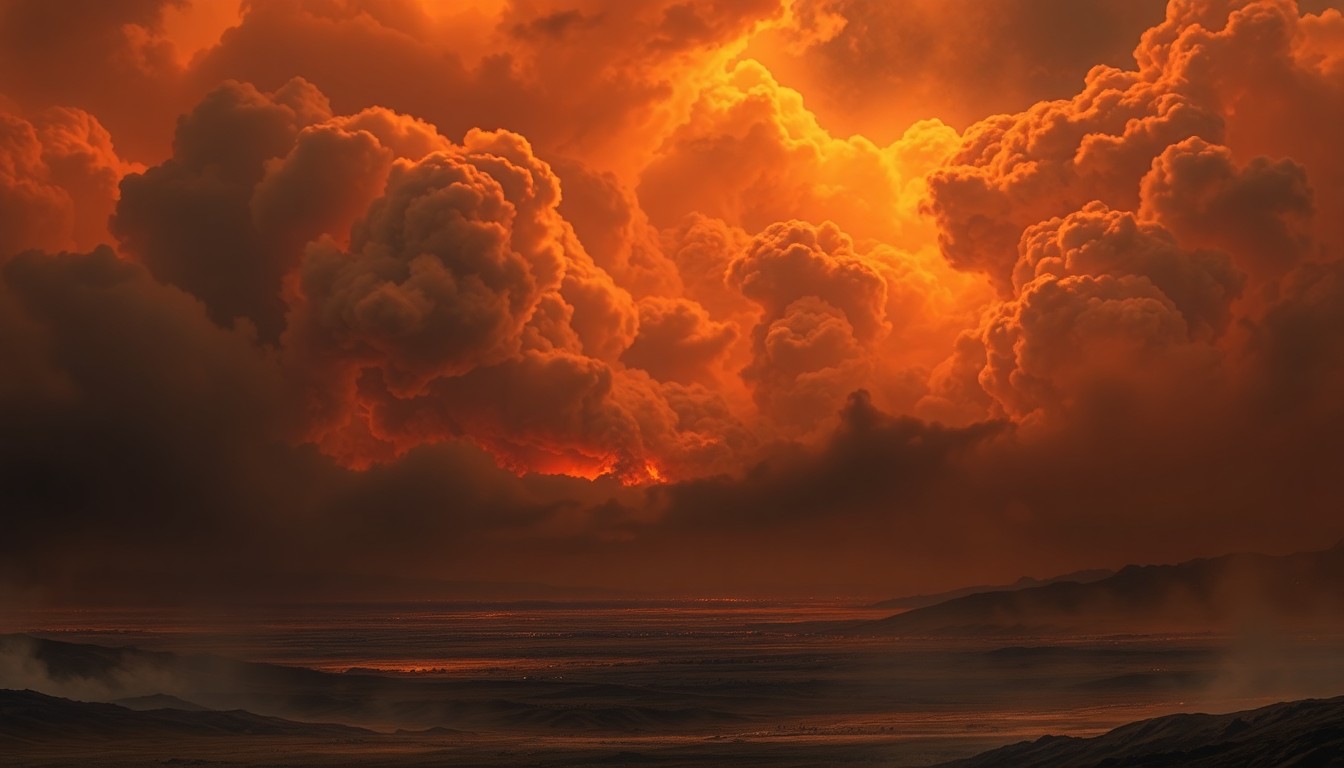 A vast, majestic landscape painting depicting a distant wildfire, with thick plumes of smoke obscuring the horizon and dwarfing any physical structures or details in the foreground. The composition uses deep atmospheric perspective and dramatic backlighting to capture the mood of the extreme weather event, conveying a sense of the sublime power of nature.