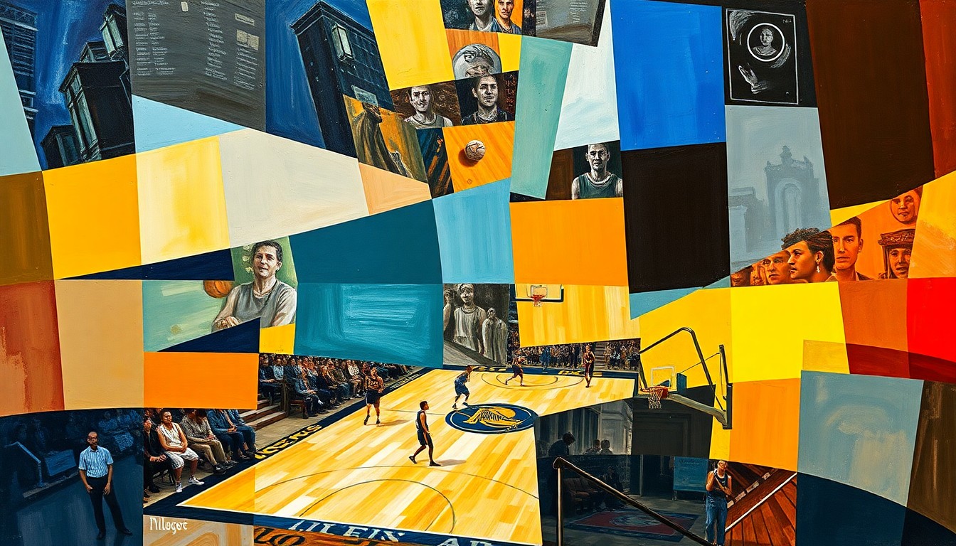 A cubist-style painting featuring overlapping geometric shapes and planes in various shades of orange, blue, and green, representing the fast-paced action and intensity of a professional basketball game.
