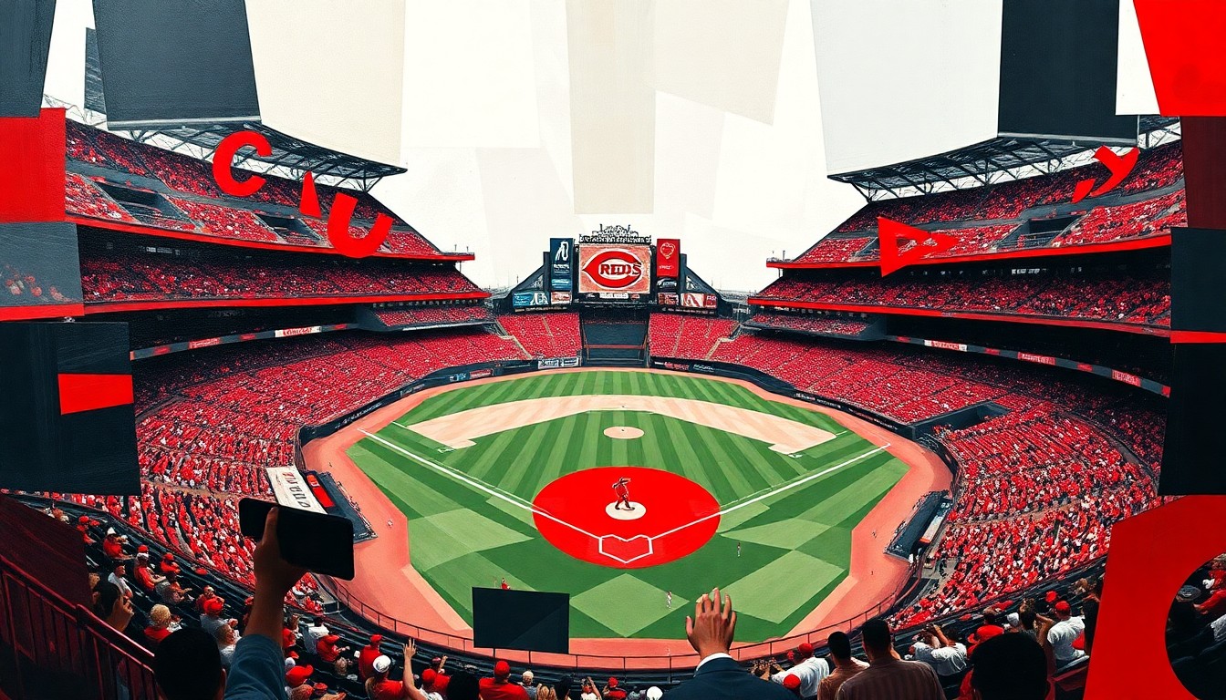A cubist, geometric painting in red, black, and white tones, depicting fragmented and overlapping shapes representing baseball players, bats, and other elements of a baseball game, conveying the dynamic energy and potential of the Reds' lineup.