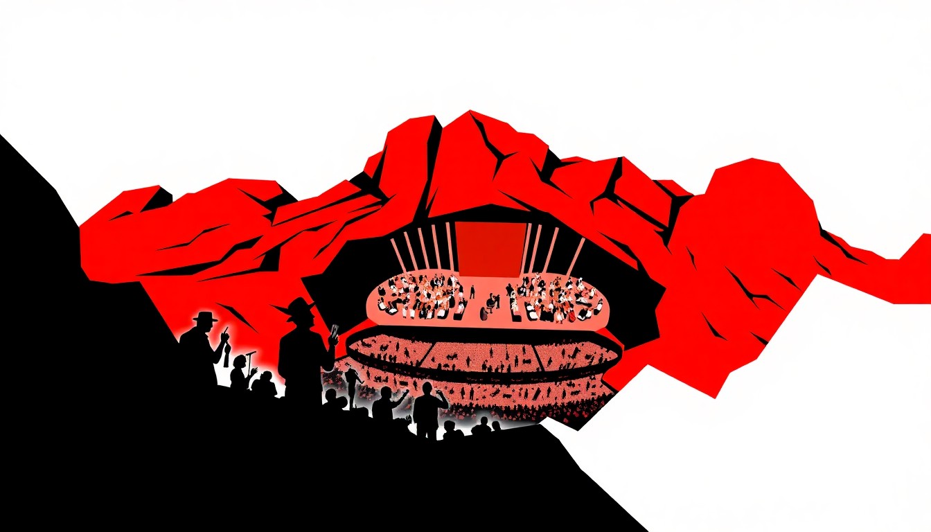 A minimalist, abstract illustration featuring sharp, geometric shapes in bold red and white, representing the iconic Red Rocks Amphitheatre and the diverse musical acts performing there.