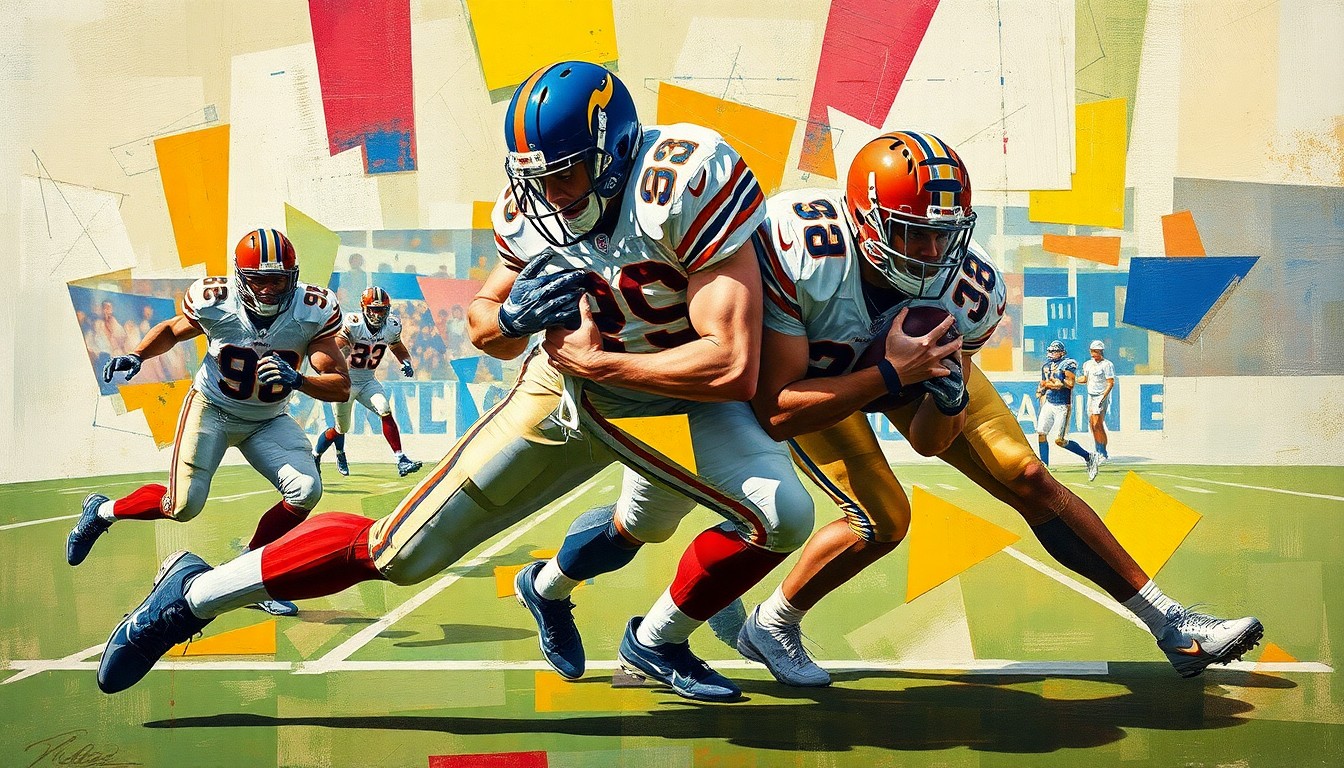 A fragmented, cubist-style painting depicting a football player in the midst of a special teams tackle, with sharp, angular shapes and planes of color representing the dynamic motion and intensity of the play.