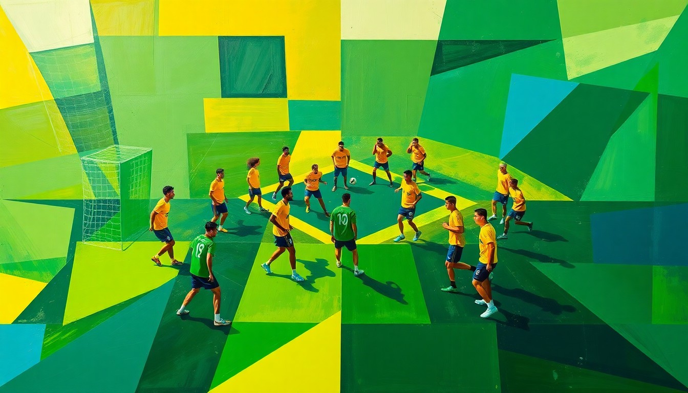 A fragmented, cubist-style painting depicting a Brazil national team training session, with players and the field broken down into sharp, overlapping geometric shapes in a vibrant color palette, conveying the coach's focus on tactical discipline and defensive solidity.