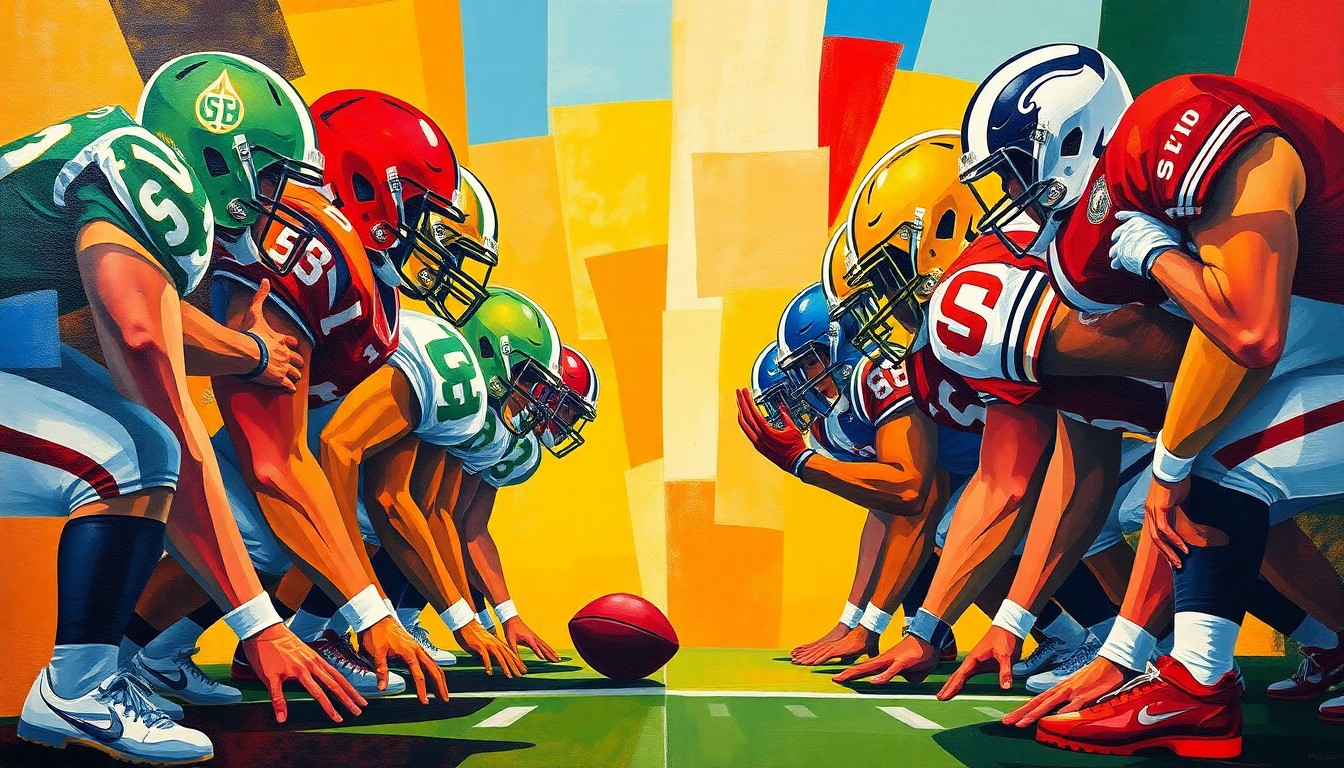 A cubist, geometric painting depicting the fragmented movements and perspectives of an offensive line, with sharp planes of color representing the teams involved.