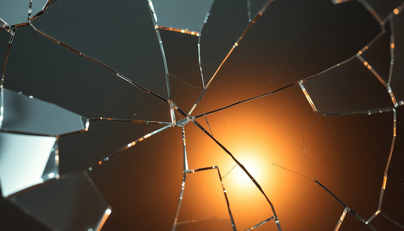 An abstract close-up photograph of a shattered glass surface, reflecting a warm, glowing light and capturing the fragmented nature of celebrity relationships in the public eye.