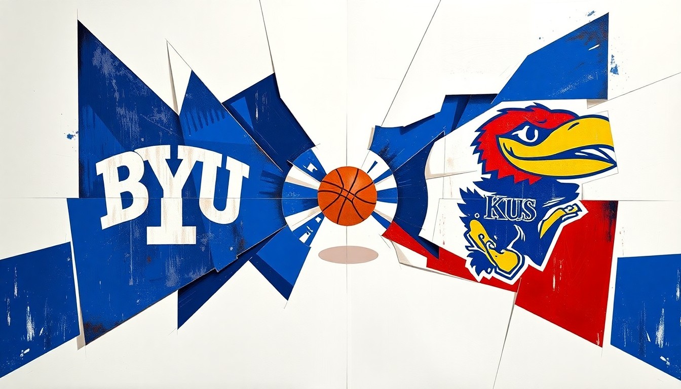 A cubist, geometric painting depicting the dynamic action of a women's basketball game, with overlapping planes of royal blue, white, crimson, and blue representing the competing teams.