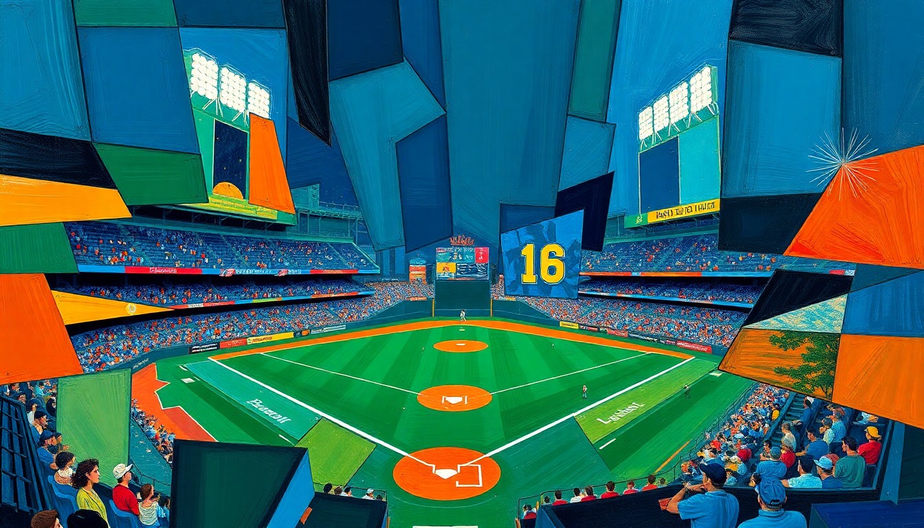 A cubist-style painting depicting a baseball game broken down into overlapping geometric shapes and planes, using vibrant colors to capture the energy and movement of the sport.