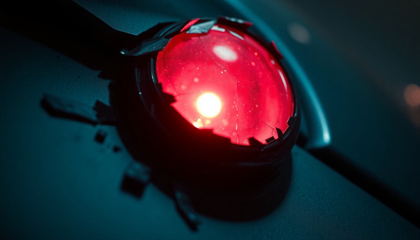 An extreme close-up of a shattered car sensor lens reflecting a faint red light, conceptually illustrating the aftermath of a DUI-related vehicular incident.