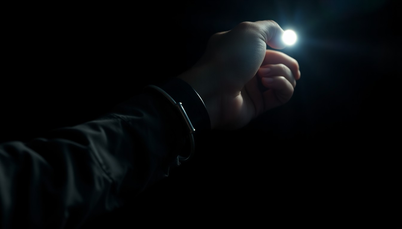 An extreme close-up of a handcuffed wrist and hand, the metal cuffs reflecting a harsh, direct flash of light against a pitch-black background, conveying a sense of the stark, gritty, and investigative nature of this crime.