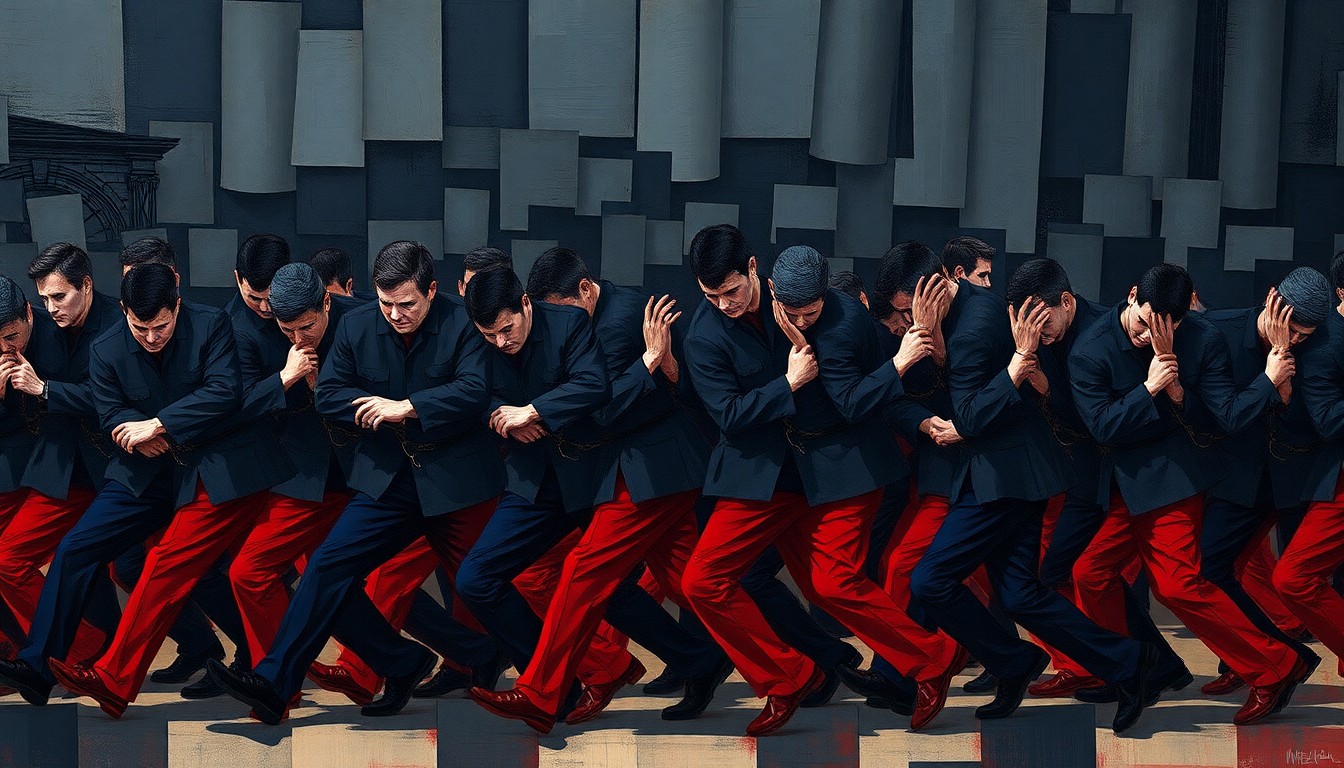 A dynamic, abstract painting with overlapping geometric shapes in dark grey, navy, and crimson, conveying the urgency and chaos of the immigration enforcement issue through a non-literal visual metaphor.