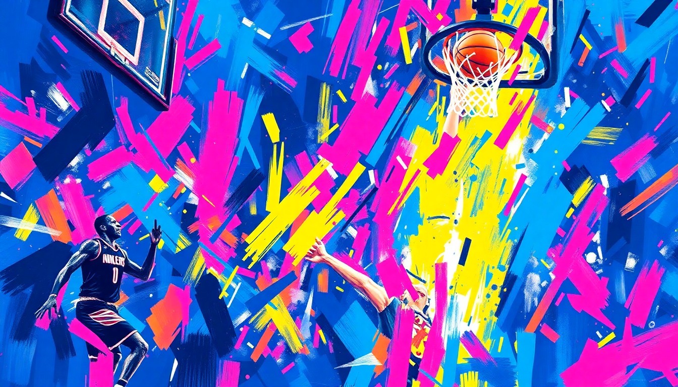 An abstract, neon-colored expressionist painting depicting the chaotic, high-energy moment of a last-second game-winning shot in a college basketball game, with vibrant brushstrokes in shades of electric blue, hot pink, and neon yellow capturing the raw emotion and explosive action of the play.