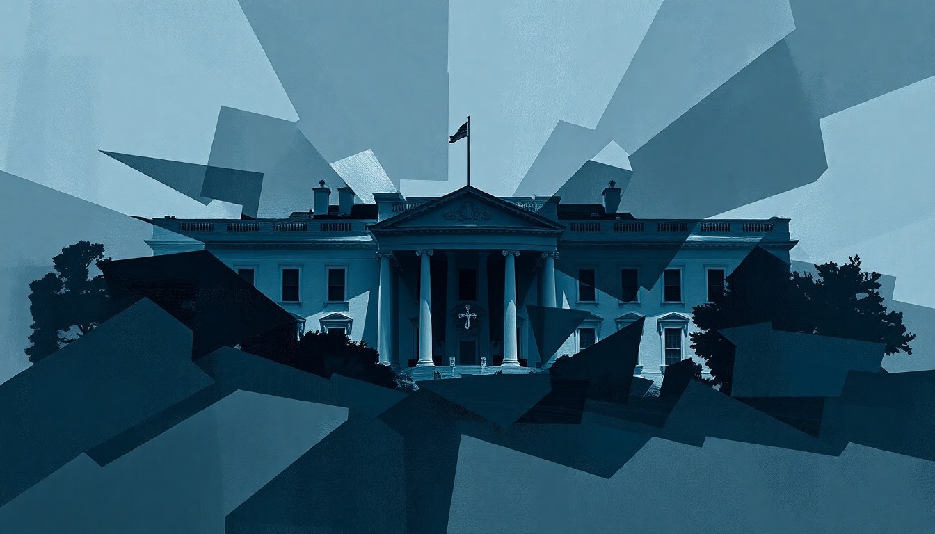 A fractured, abstract painting in dark colors depicting the silhouette of the White House, conveying a sense of chaos and secrecy surrounding the underground construction project.