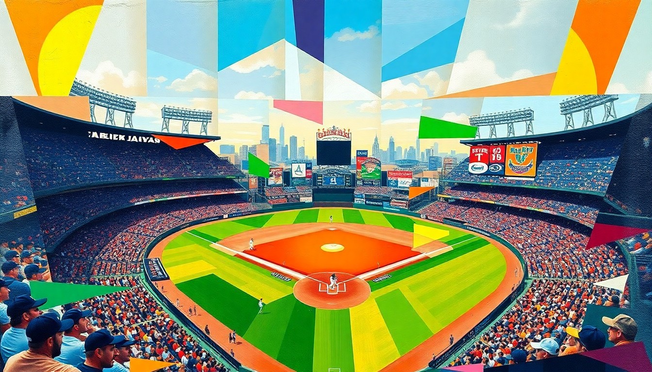 A fractured, multi-perspective painting in bold, vibrant colors depicting the action and movement of a baseball game, with players, field, and crowd rendered in sharp, overlapping geometric shapes.