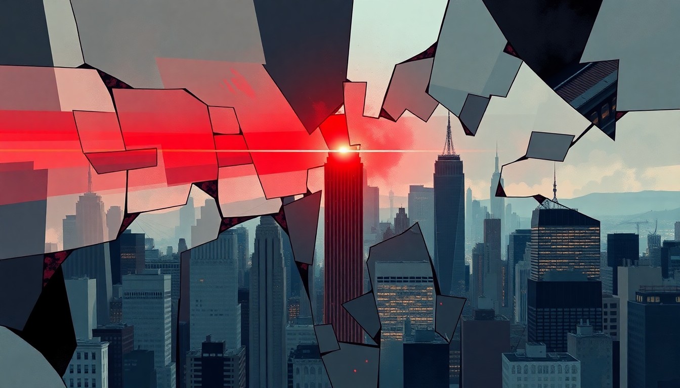 A vibrant, fragmented painting depicting a city skyline with a glowing red police siren light at the center, conveying the urgency and political tensions surrounding the student's murder.