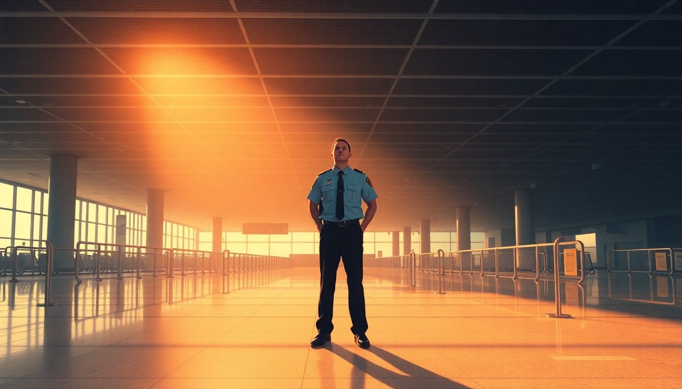 A photorealistic painting in the style of Edward Hopper, depicting a lone TSA officer standing in an empty airport terminal with warm, diagonal sunlight and deep shadows, conveying a sense of quiet frustration and isolation.