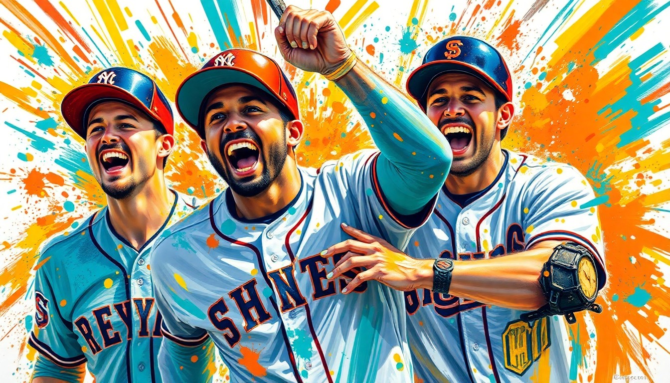 An abstract expressionist painting in vibrant neon colors, capturing the energy and excitement of a baseball walk-off celebration, with players' forms dissolving into splashes of teal, orange, and yellow.