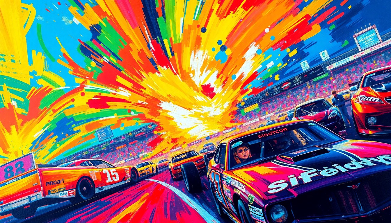 An abstract, energetic painting in neon colors depicting the iconic siren of the Dawsonville Pool Room sounding in the foreground, capturing the excitement and community spirit surrounding a NASCAR victory.
