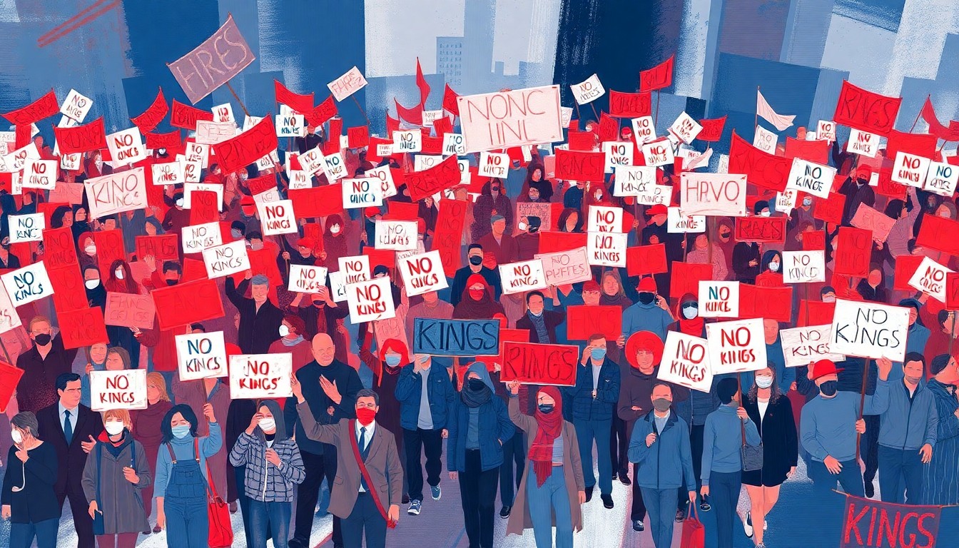 An abstract, fragmented painting depicting a crowd of protesters marching with signs, the image conveying the passionate energy and momentum of the 'No Kings' movement through overlapping, geometric waves of bold primary colors.