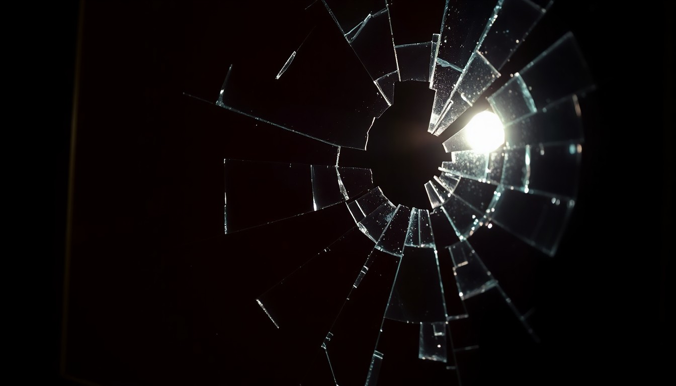 An extreme close-up photograph of a shattered picture frame, the broken glass reflecting a faint spotlight in the darkness, conceptually illustrating the loss of valuable artwork in a museum theft.