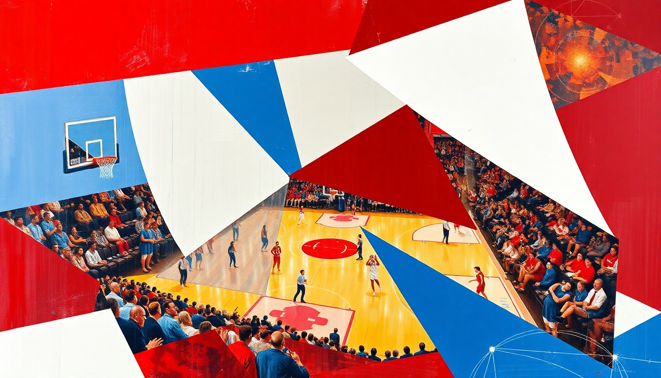 A fragmented, geometric painting depicting the chaotic final seconds of a college basketball game, with players and the court rendered in sharp, overlapping planes of color.
