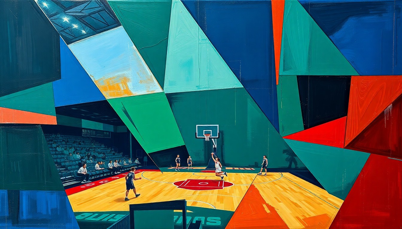 A cubist, geometric painting depicting a women's basketball game, with the court and players broken down into sharp, overlapping planes of navy, green, and red, conveying the intensity and energy of the sport.