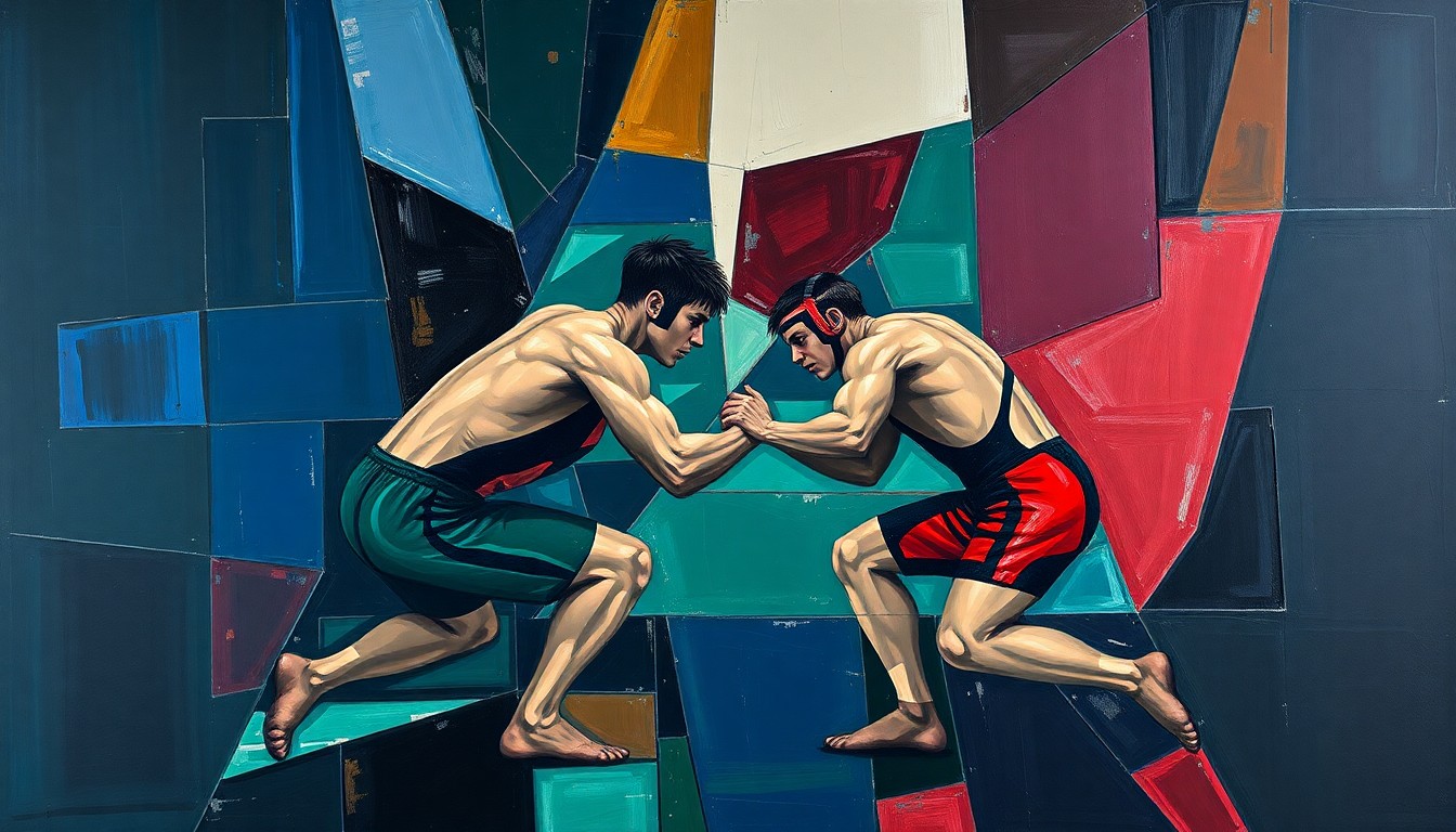 A cubist-style painting featuring sharp, overlapping geometric shapes in navy, green, and red, dynamically representing the physical action and energy of a high school wrestling match.