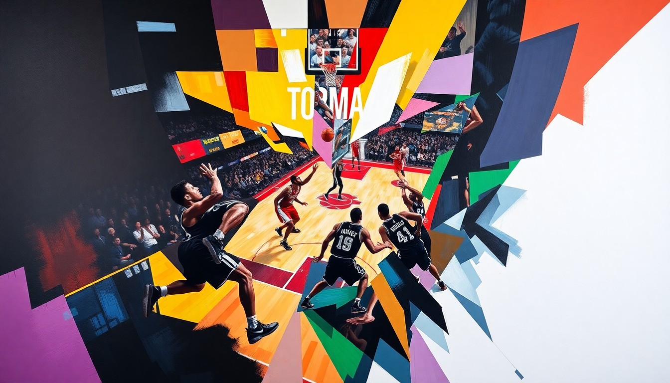 A fractured, multi-perspective painting depicting the fast-paced action of an NBA basketball game between the San Antonio Spurs and Chicago Bulls. Geometric shapes and bold colors capture the energy and movement of the players on the court.