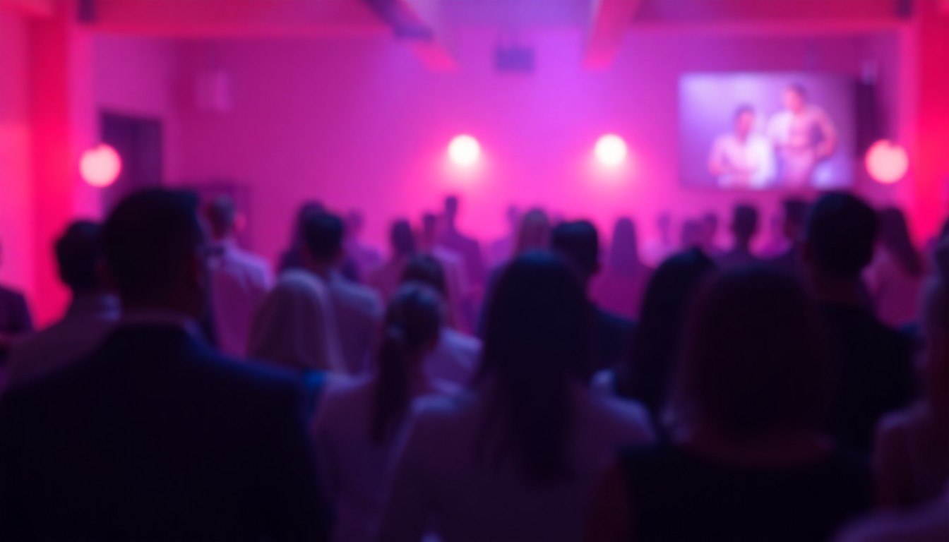 An abstract, out-of-focus scene depicting a crowd of people gathered in a warm, dimly lit indoor space, with blurred figures and shapes in shades of pink, purple, and blue, conceptually representing the inclusive and celebratory atmosphere of the event.