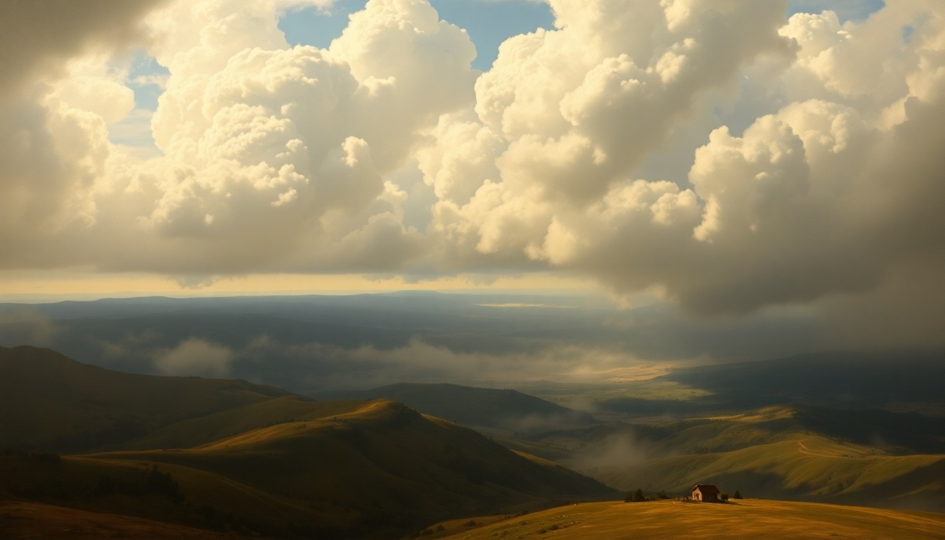 A vast, atmospheric landscape painting in muted tones of gray, brown, and blue, with billowing clouds of thick smoke obscuring the details of the scene and dwarfing any visible structures or vegetation, conveying a sense of the overwhelming power and scale of the natural forces at play.