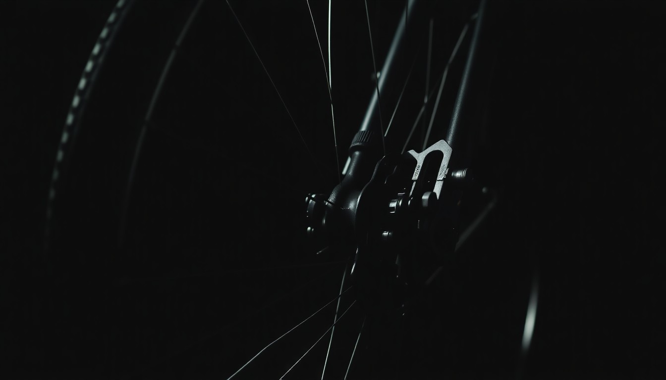 An extreme close-up photograph of a bicycle tire and brake mechanism, with a harsh, direct camera flash creating dramatic shadows and highlights that convey a gritty, investigative aesthetic.