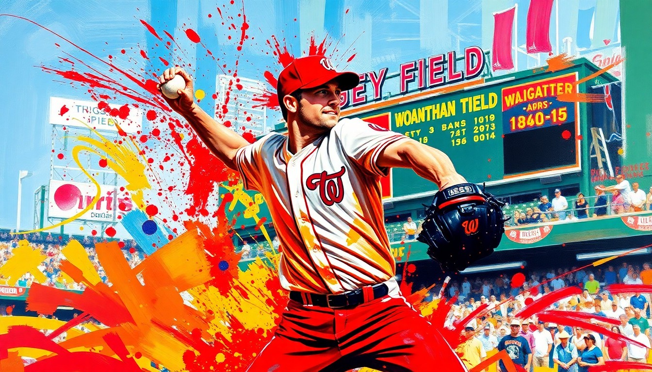 An extreme close-up of a baseball pitcher's form, captured in a vibrant, expressionist painting style with rapid brushstrokes and neon colors, conceptually representing the energy and motion of Jonathan Toews throwing a pitch at Wrigley Field.