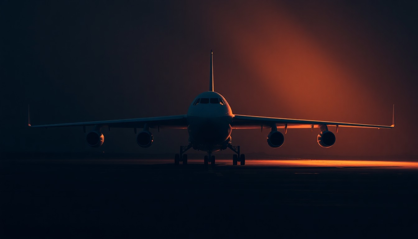 A photorealistic painting of an E-3 Sentry AWACS aircraft sitting alone on a dimly lit tarmac, with warm sunlight and deep shadows creating a contemplative, cinematic mood that reflects the gravity of the situation.