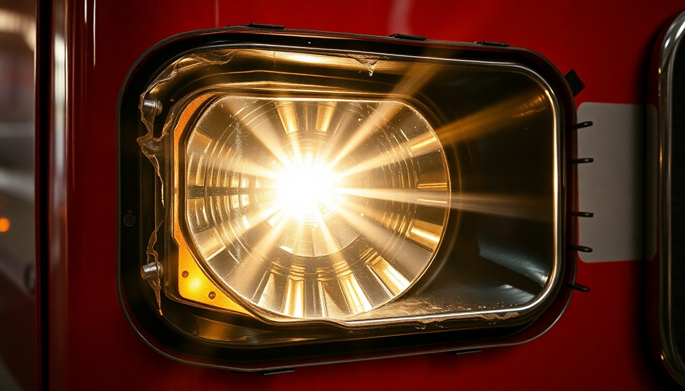 An extreme close-up photograph of a damaged fire truck headlight lens reflecting the harsh glare of a direct camera flash, conceptually illustrating the sudden impact and aftermath of a collision.