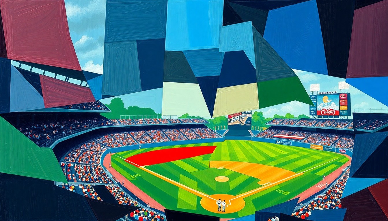 A fragmented, geometric painting in bold colors depicting various elements of a college baseball game, such as players, bats, and bases, without any recognizable faces or logos.