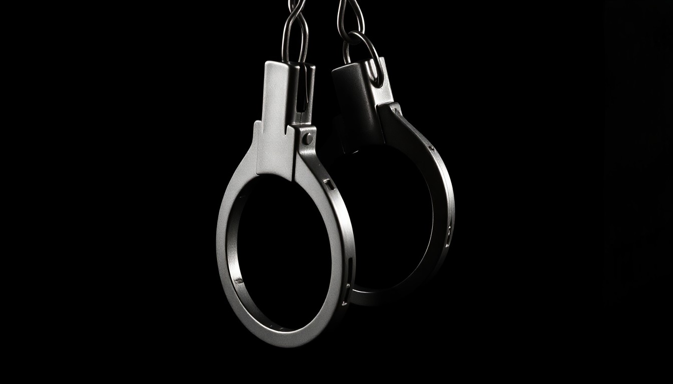 An extreme close-up photograph of a pair of metal handcuffs against a completely black background, creating a stark, dramatic visual that conceptually represents the legal consequences of a domestic violence incident.