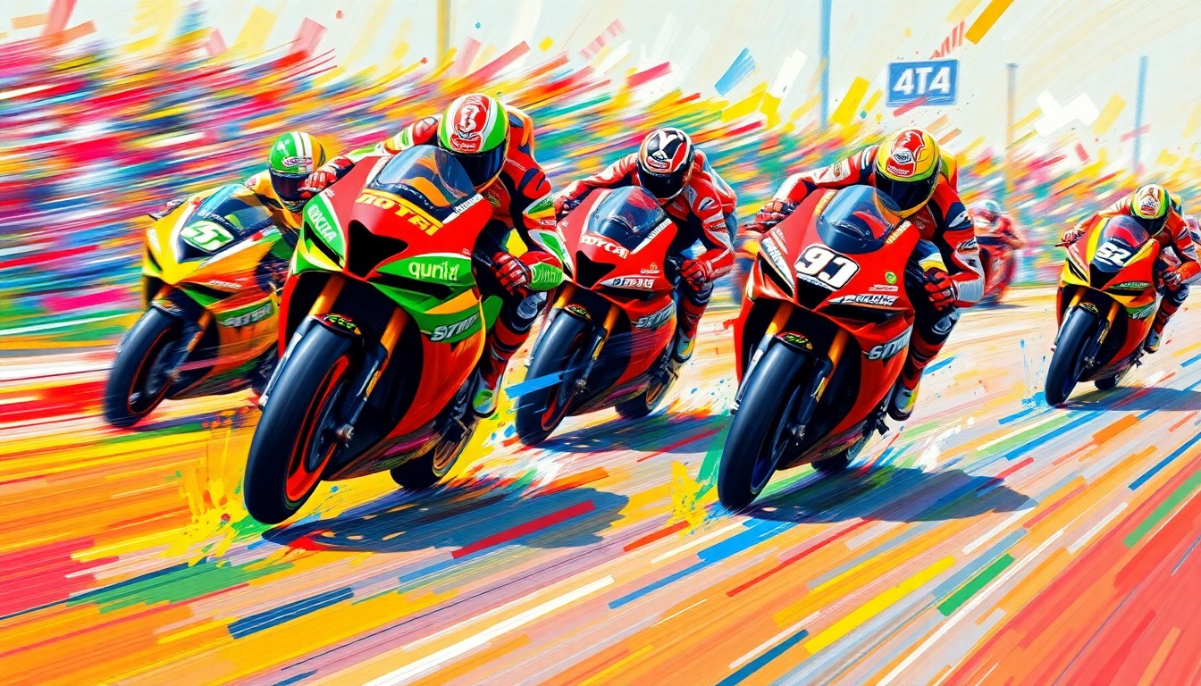 A vibrant, expressionist painting depicting the raw energy and motion of a MotoGP race at the Circuit of The Americas, with the Aprilia and Ducati bikes blurring into unrecognizable splatters of neon color.