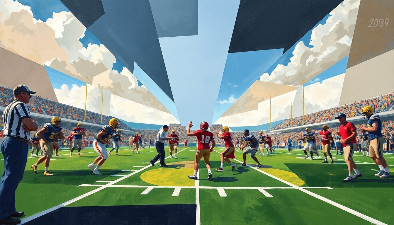 A cubist-style painting featuring fragmented geometric shapes in shades of green, blue, and brown, representing the various elements of a college football practice session.