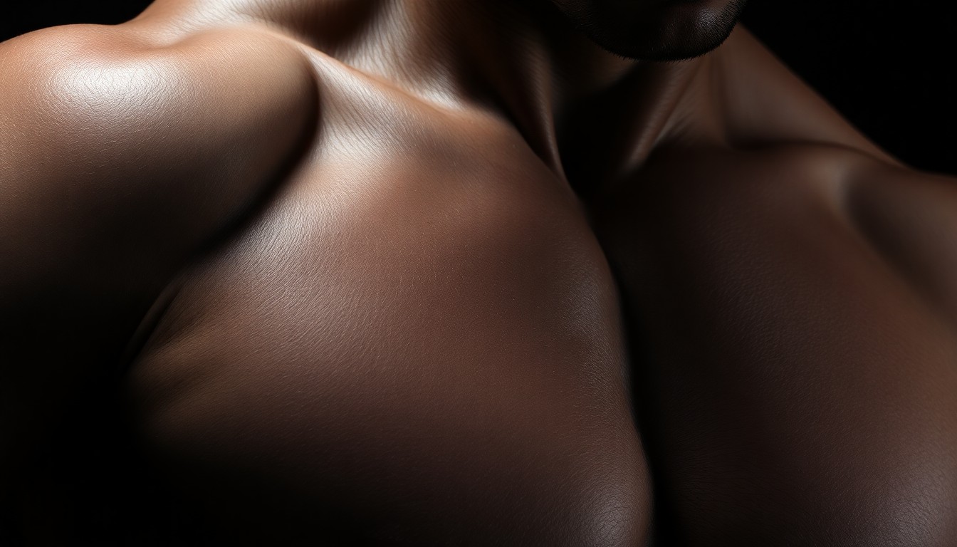 An extreme close-up photograph of the rippling muscles and tanned skin of Joseph Baena's upper body, captured in dramatic, high-contrast studio lighting to create a sense of power and intensity.