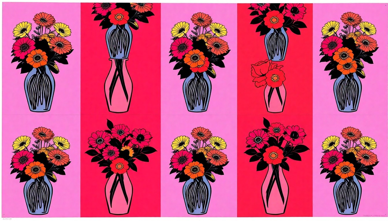 A brightly colored, high-contrast silkscreen print of a single, iconic floral vase or bouquet repeated in a tight grid pattern, capturing the celebratory and creative energy of the Texas Floral Expo.
