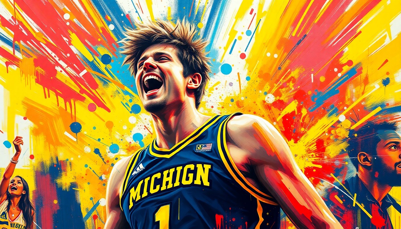 An abstract expressionist painting in neon colors, with rapid brushstrokes capturing the raw energy and emotion of a basketball player celebrating a major victory.