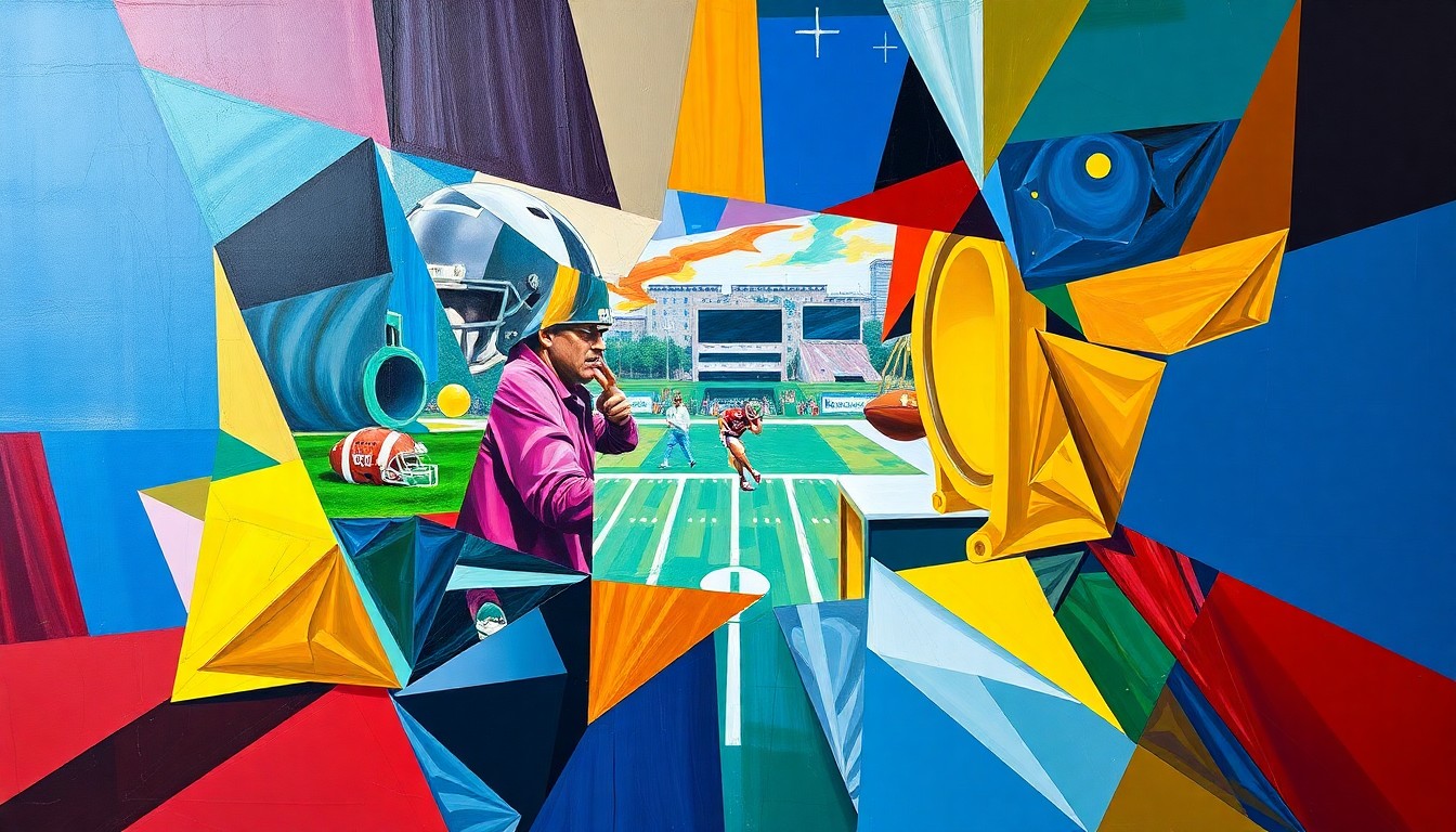 A cubist, geometric painting depicting the complex web of relationships, preferences, and influences involved in the college football recruiting process, rendered in a vibrant color palette.