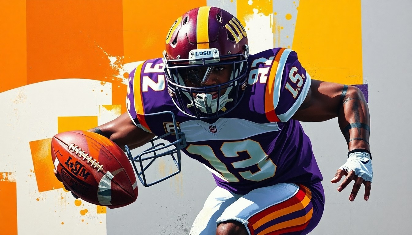 A fragmented, cubist-style painting depicting a football defensive back in sharp, geometric shapes and planes of vibrant colors, representing the intense competition for elite talent in college football recruiting.