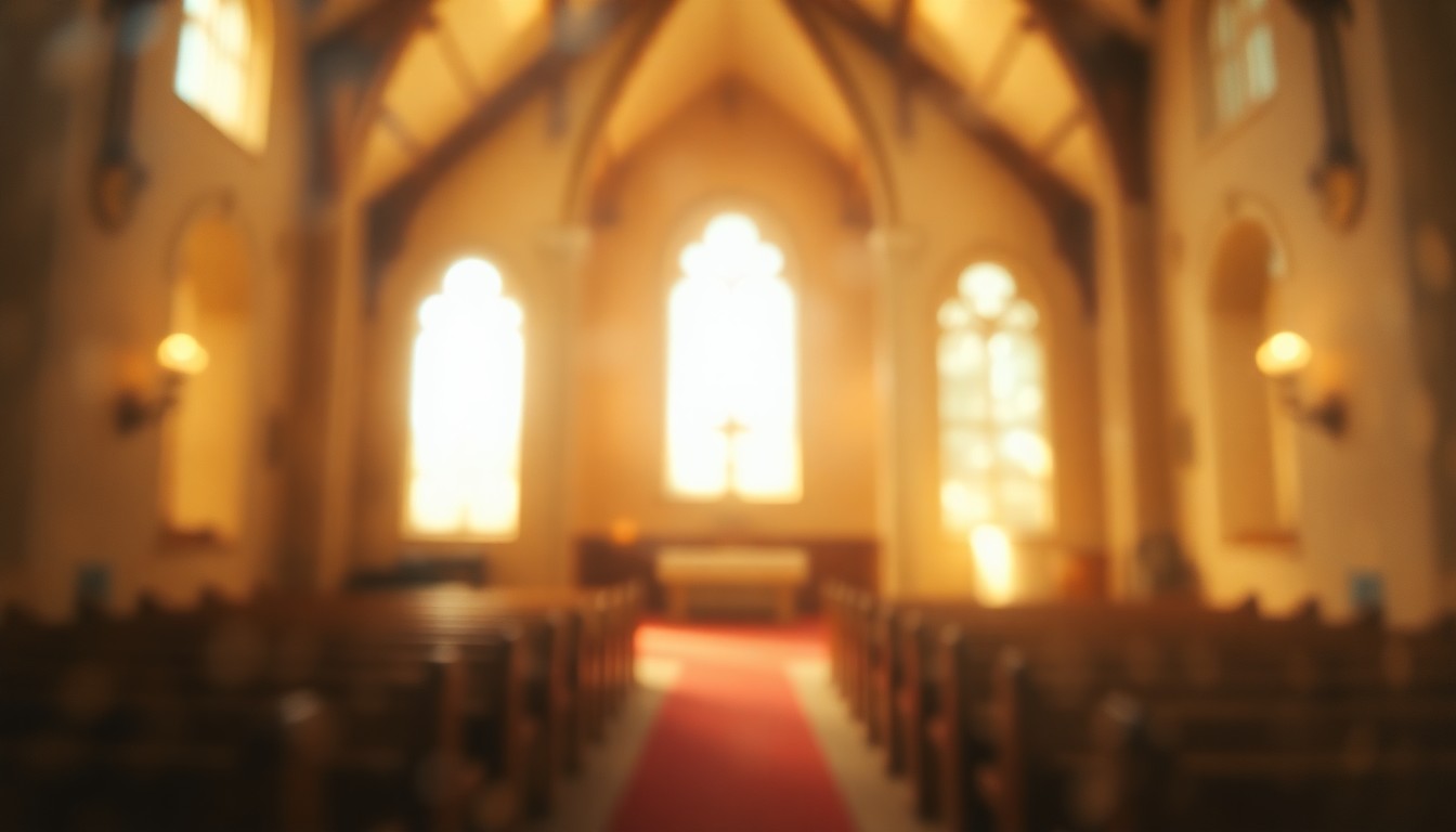 An abstract, impressionistic scene of a dimly lit church interior, with soft, blurred pools of warm light and color, conveying a sense of reverence and community.