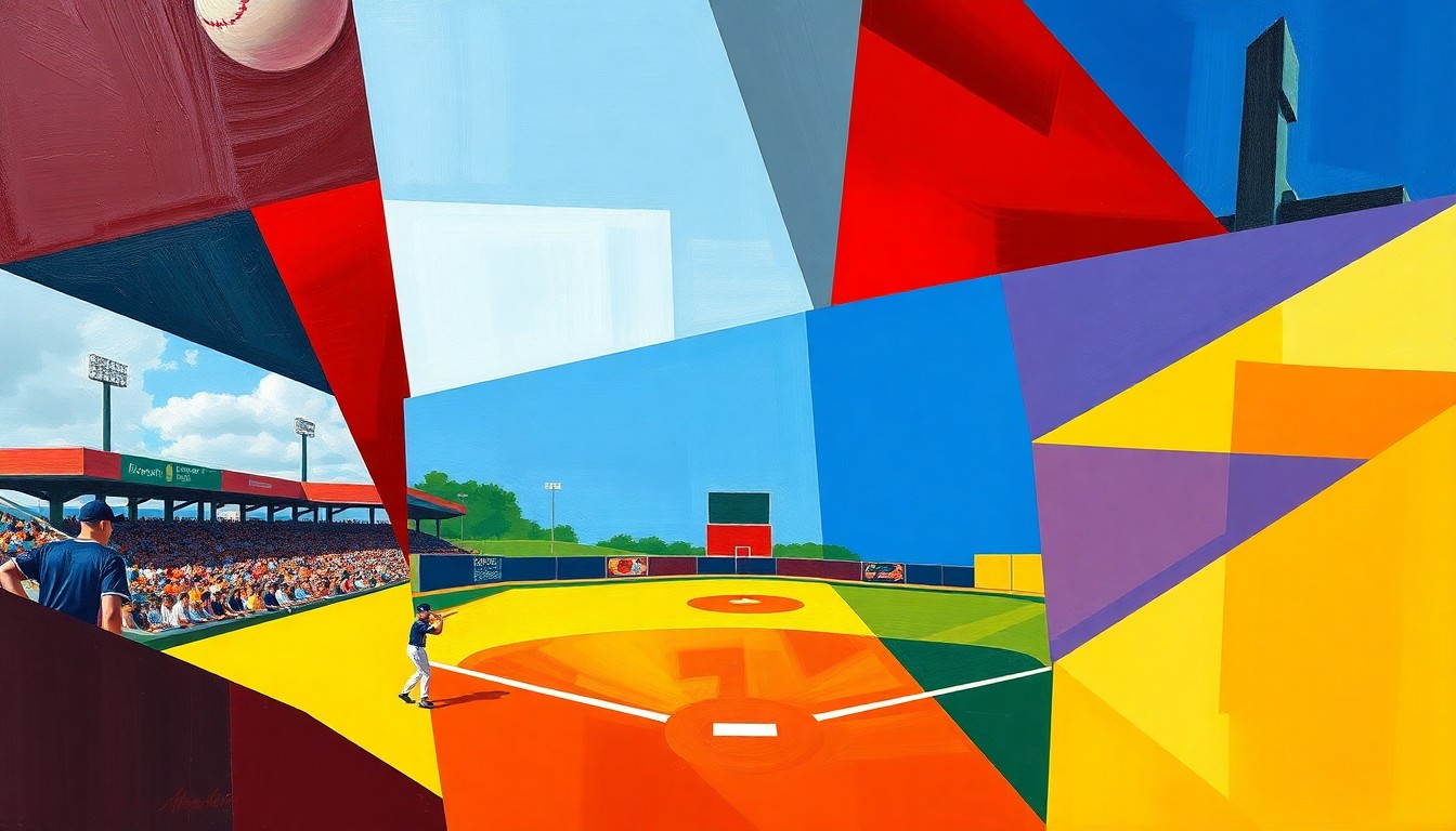 A fragmented, geometric painting in bold colors depicting the dynamic movements and competing forces of a high school baseball game, without any identifiable players or teams.