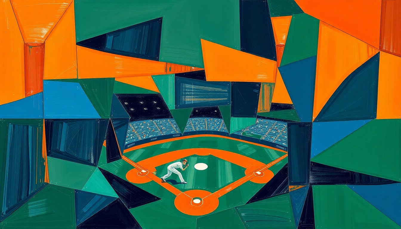 A fragmented, geometric painting in shades of blue, green, and orange, capturing the motion and intensity of a college baseball game through an abstract, multi-angled perspective.