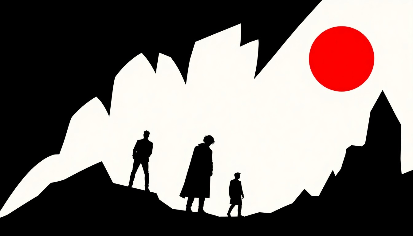 A bold, abstract illustration featuring stark, jagged geometric shapes in high-contrast red and black, conceptually representing the mysterious 'phantom' imagery from My Chemical Romance's new merchandise.