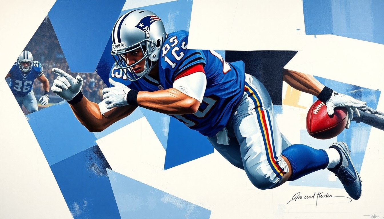 A fragmented, geometric painting depicting a football player in motion, with sharp planes of navy, silver, and white colors creating a dynamic, multi-angled representation of the sport's physicality.