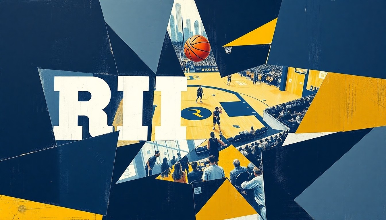A cubist, geometric painting depicting the dynamic action of a women's basketball game, with overlapping planes of navy blue, white, and gold representing the URI Rams.