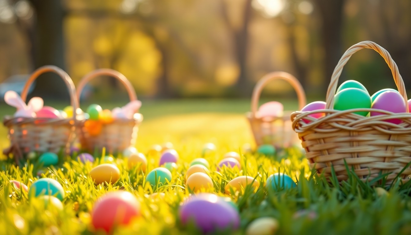 An abstract, impressionistic photograph of blurred Easter eggs and baskets in a grassy outdoor setting, conveying the joyful, family-oriented atmosphere of the Butte egg hunts.
